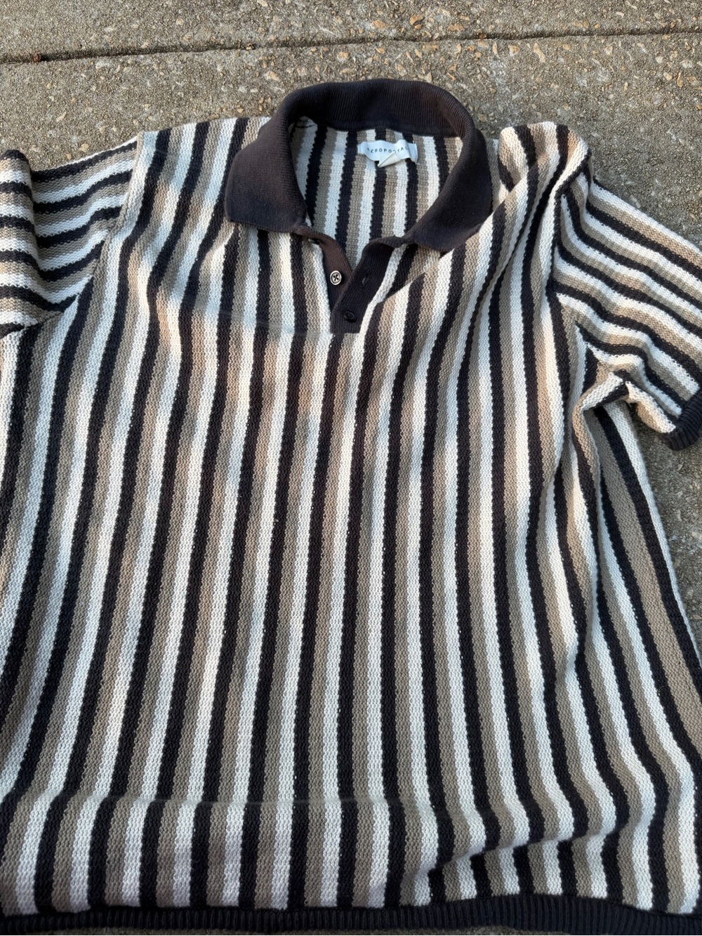 Aeropostale Men’s Cotton Knit Vertical Stripe Polo Shirt Brown Cream Size L